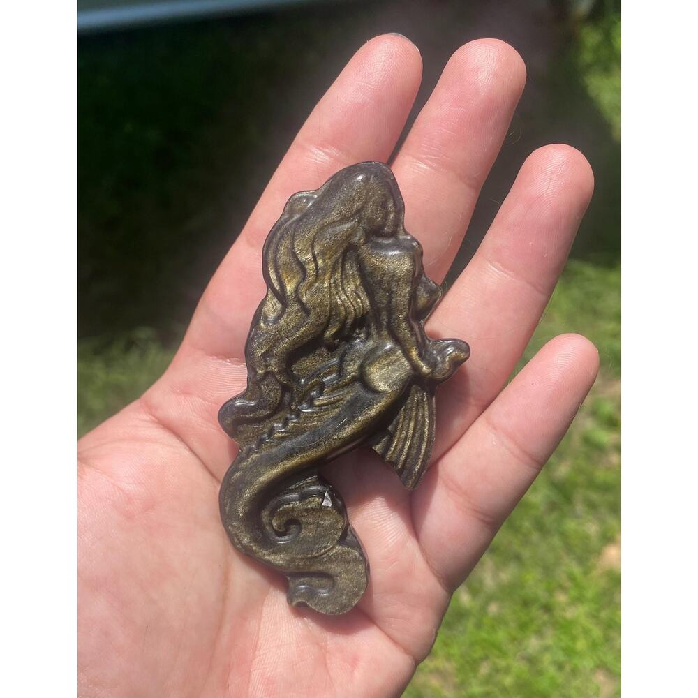 Beautiful Mermaid Girl Gold Sheen Obsidian Carving, Strong Gold Shift Crystal